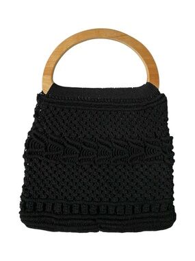 Large Boho Black Crochet Macrame Artisan Handbag with Wooden Handle